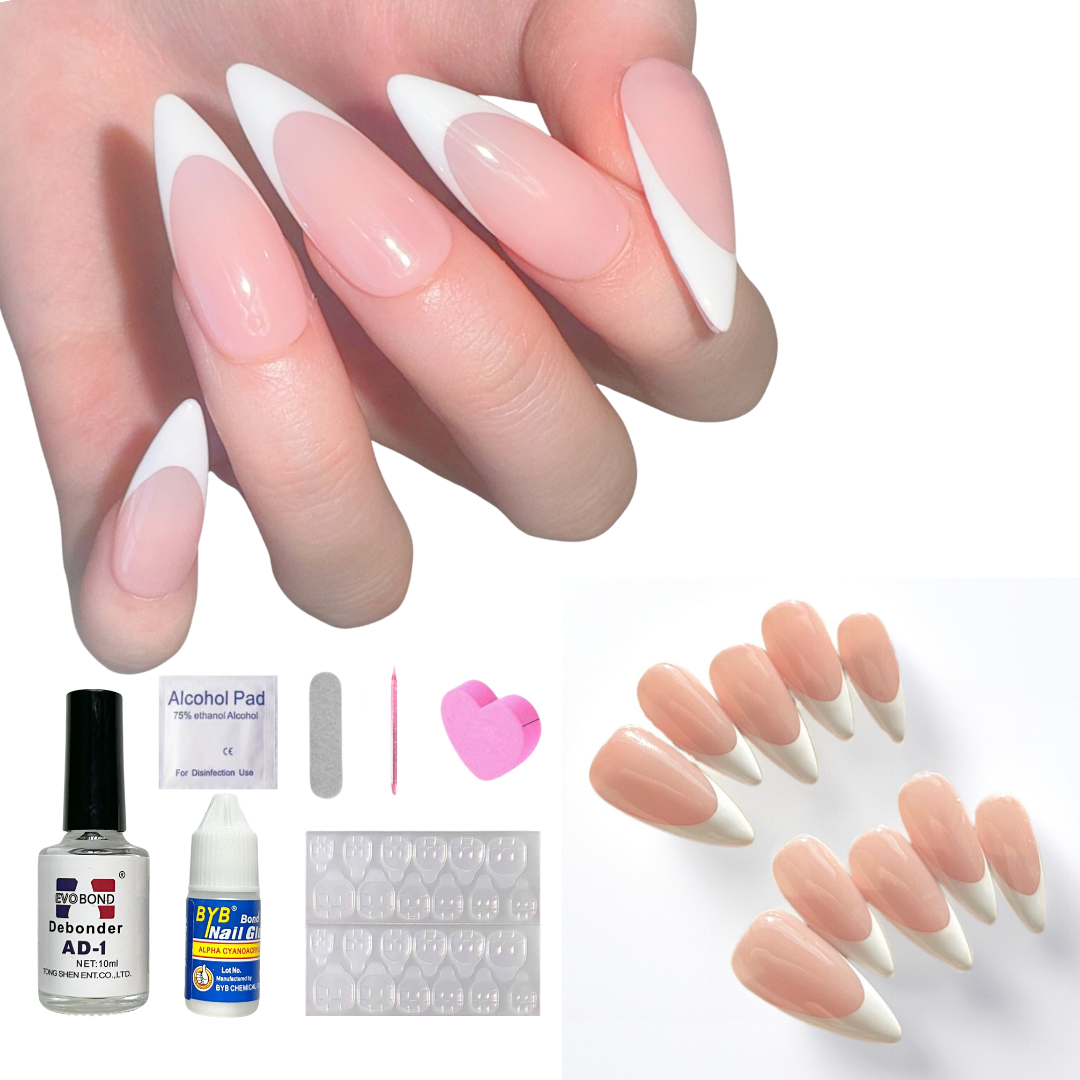 Pink Long Almond-Lulou Classic White French Tip Press On Nails Glueless Easy Apply Reusable 10PCS - Salon Quality Glueless Fake Nails for Women Trend 2025