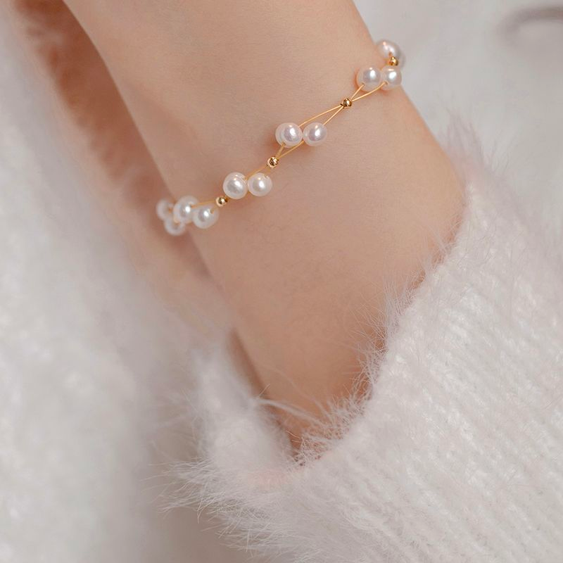 370-Delicate Golden Pearl Bar Bracelet Vacations Gift For Her