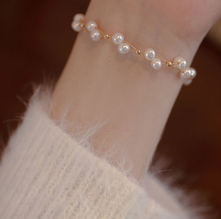 370-Delicate Golden Pearl Bar Bracelet Vacations Gift For Her