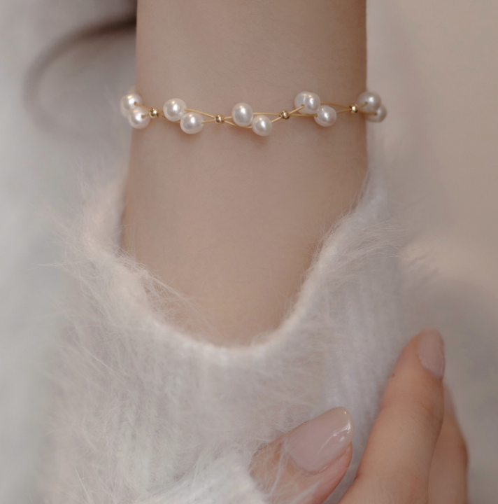 370-Delicate Golden Pearl Bar Bracelet Vacations Gift For Her