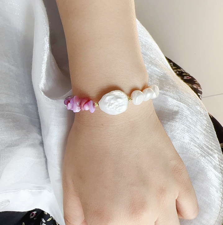 328-Baroque Pearl and Purple Rose Stone Bracelet Vacations Gift For Her