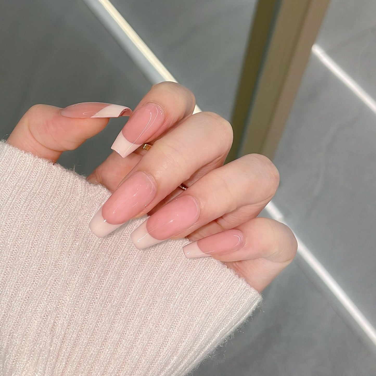 Nude&Pink Long Square-Lulou Classic White French Tip Press On Nails Glueless Easy Apply Reusable 10PCS - Salon Quality Glueless Fake Nails for Women Trend 2025