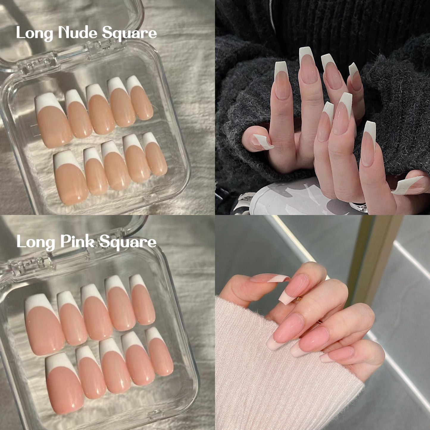 Nude&Pink Long Square-Lulou Classic White French Tip Press On Nails Glueless Easy Apply Reusable 10PCS - Salon Quality Glueless Fake Nails for Women Trend 2025
