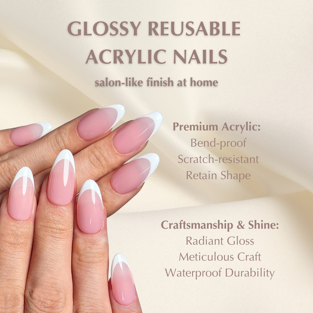 Nude&Pink Medium Almond-Lulou Classic White French Tip Press On Nails Glueless Easy Apply Reusable 10PCS - Salon Quality Glueless Fake Nails for Women Trend 2025