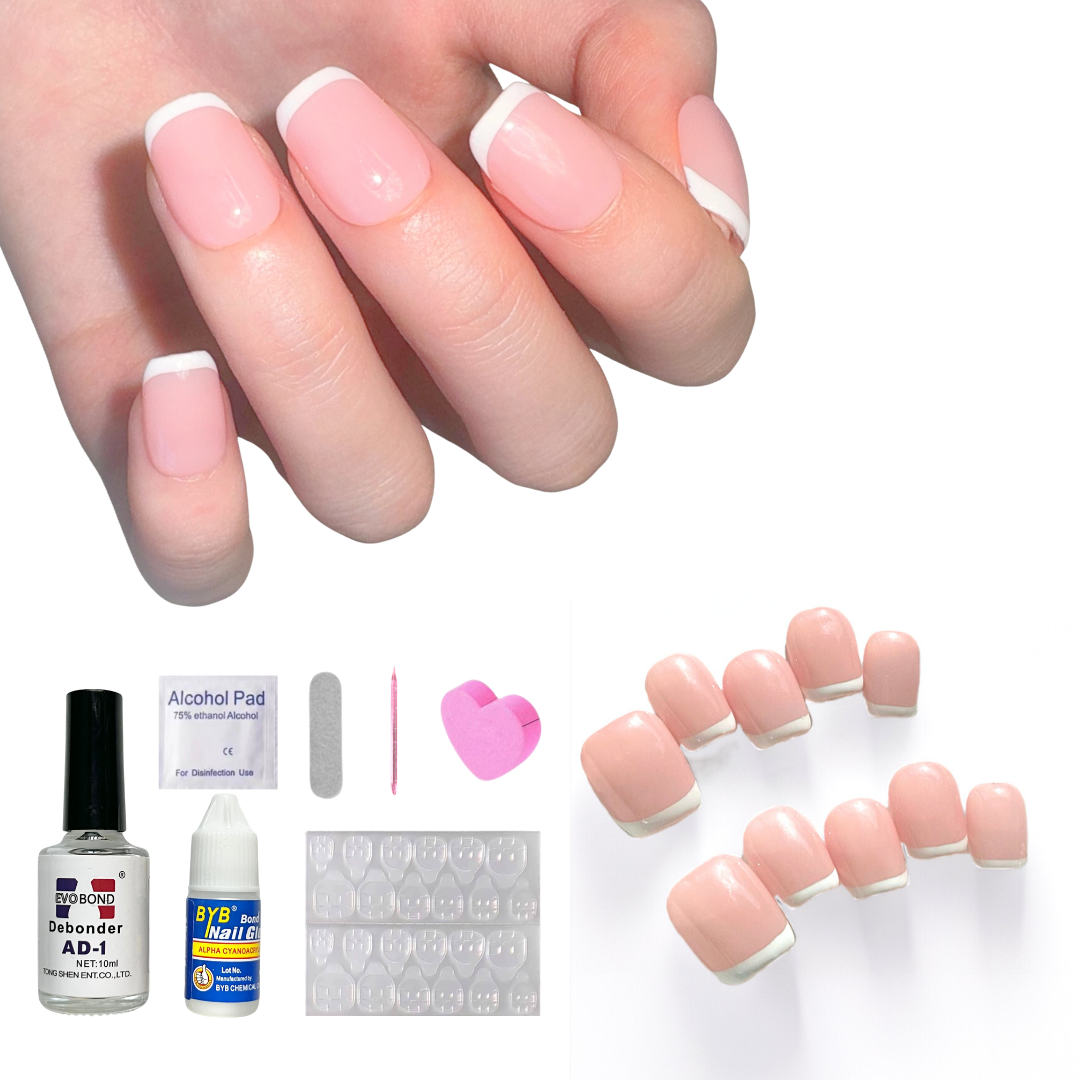 Pink Short Square-Lulou Classic White French Tip Press On Nails Glueless Easy Apply Reusable 10PCS - Salon Quality Glueless Fake Nails for Women Trend 2025