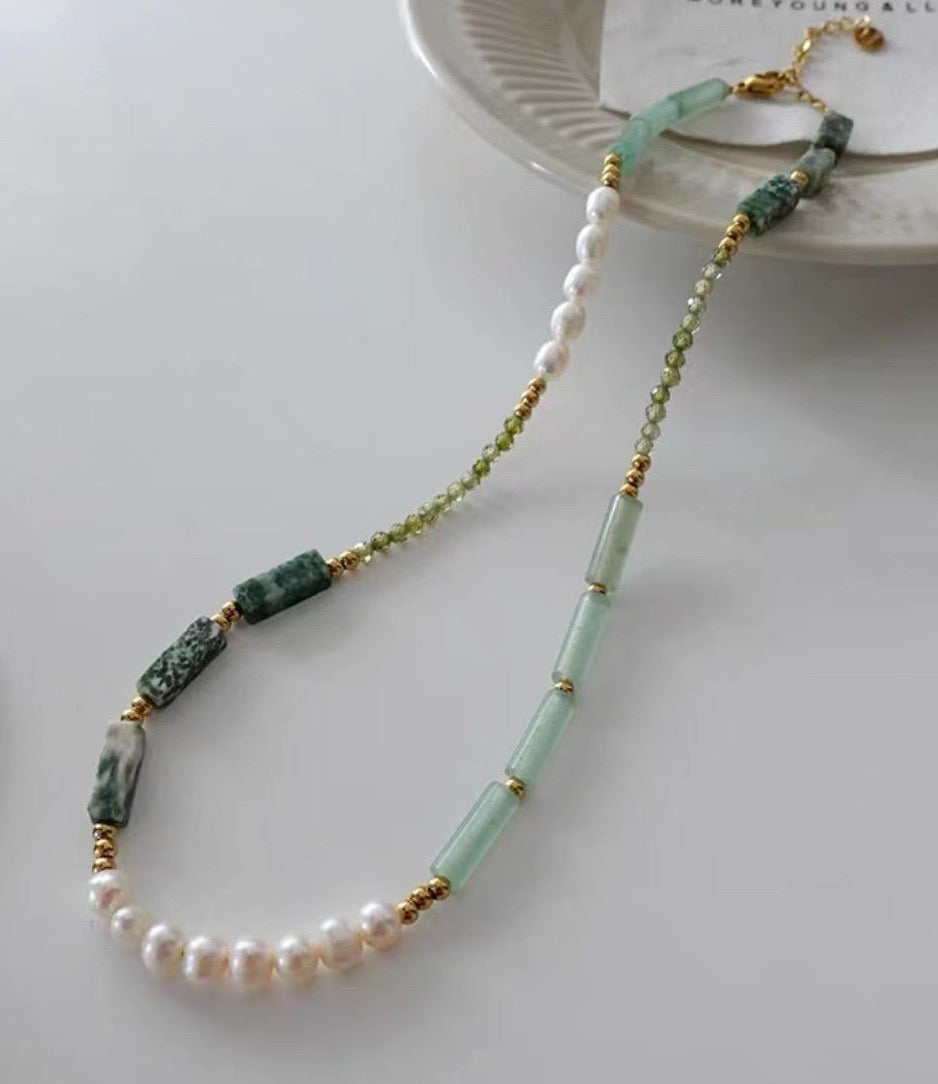 314-Design of Pearl Beaded and Natural Stone Choker Necklace Vacations Gift For Her