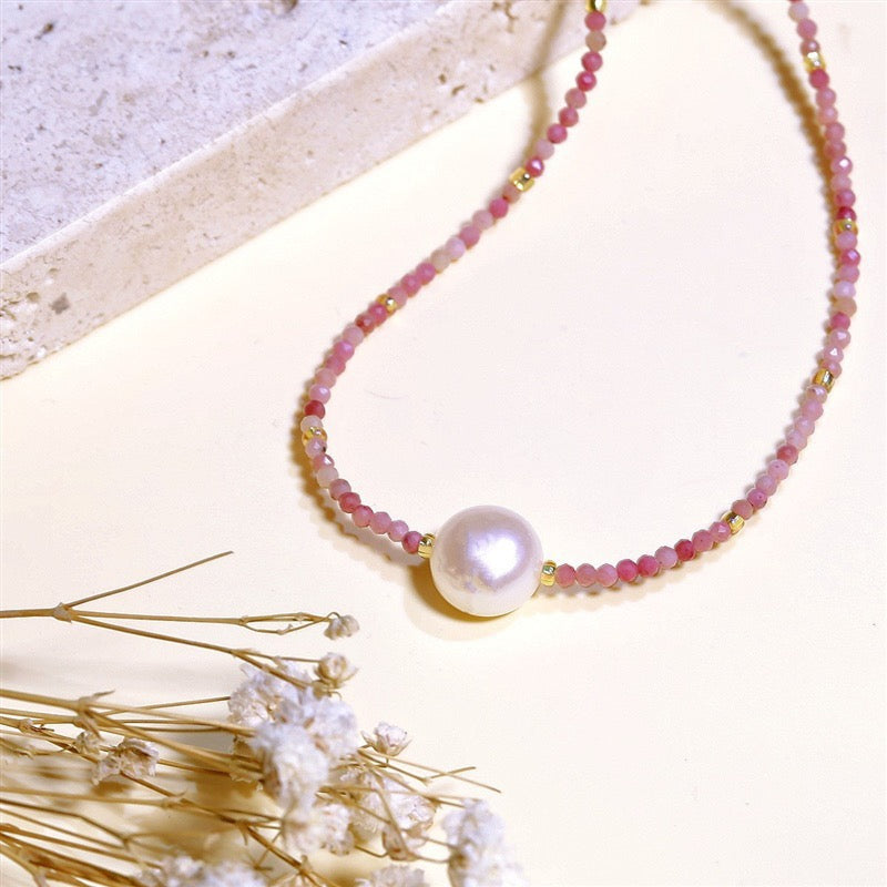 315-Rhodochrosite and Natural Pearl Necklace Vacations Gift For Her