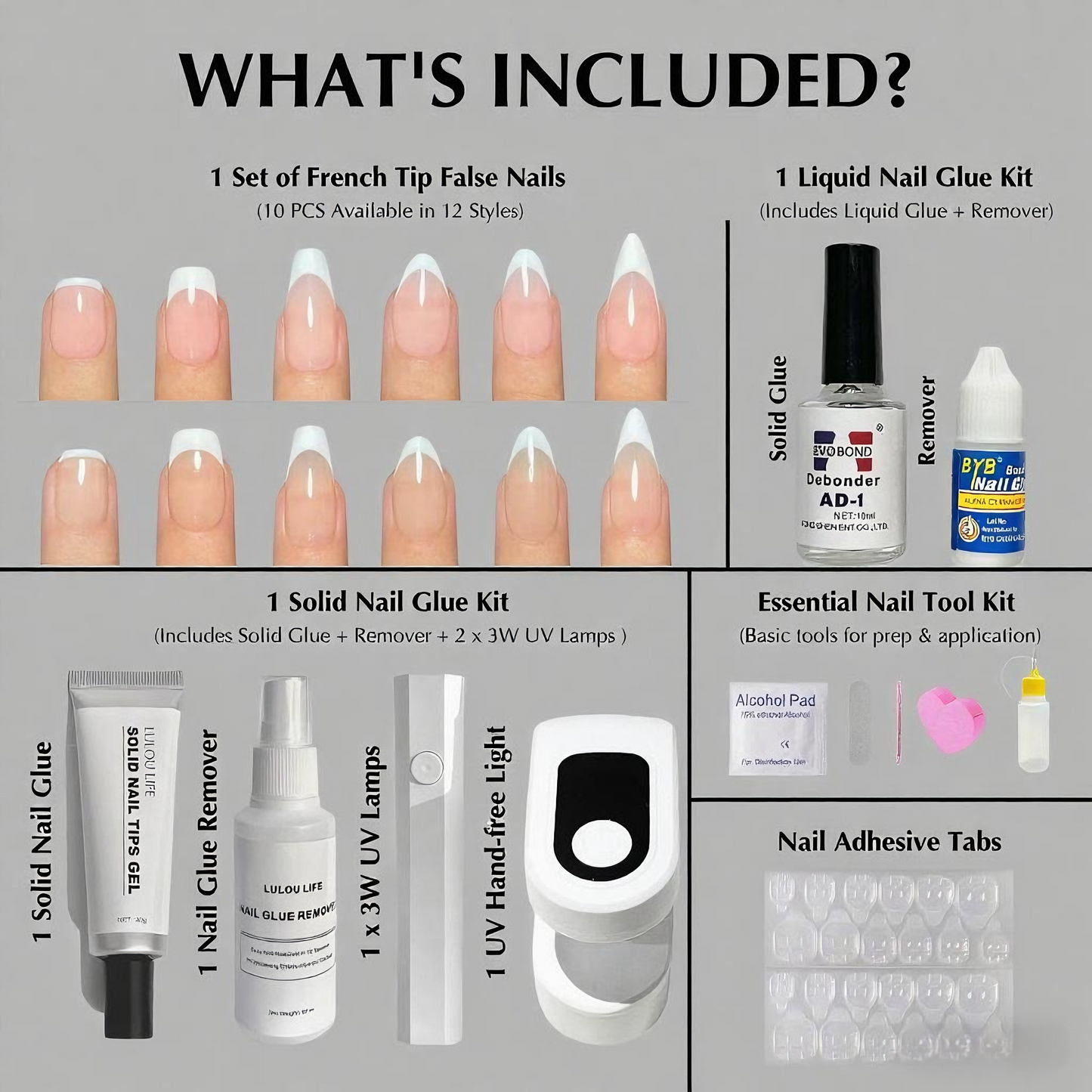 Lulou 7-in-1 French Tip Nail Starter Kit with 3W UV Lamp - Choose from 6 Nude & Pink Styles Includes Solid Gel Glue & Remover Complete DIY Nail Art Tools for Beginners Perfect Girls Gift Set