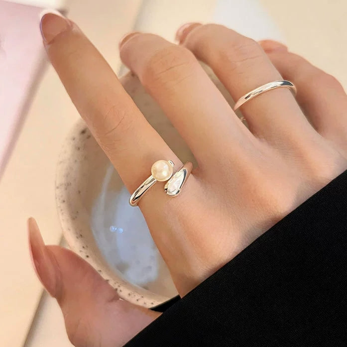 336-Stylish Design Minimalist Silver Open Pearl Ring Vacations Gift For Her