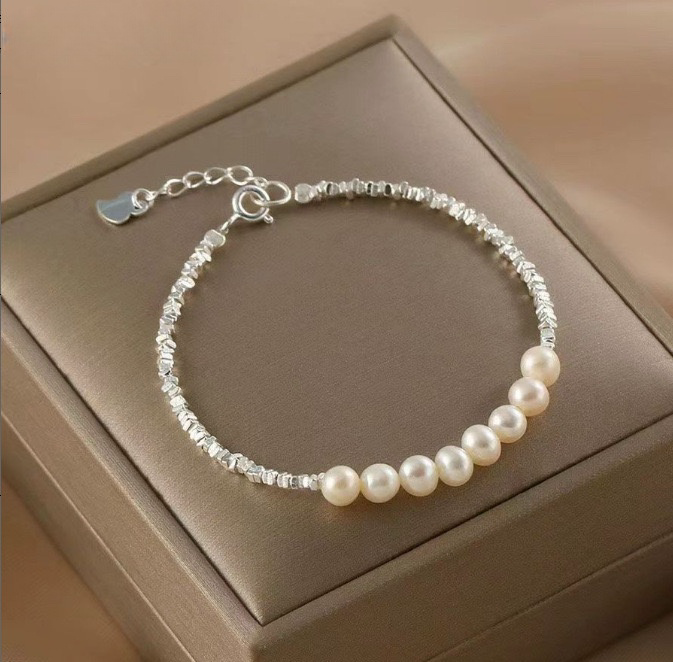 366-Adjustable Delicate Freshwater Pearl and Silver Bead Bracelet Vacations Gift For Her