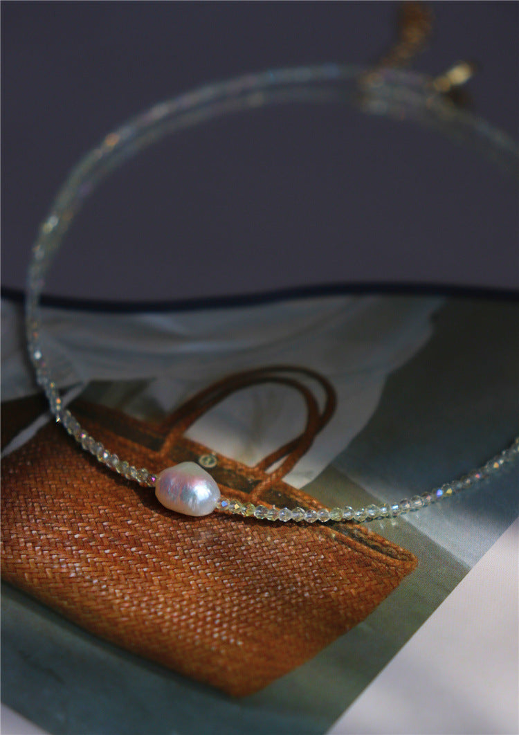 375-2mm Slim Imported Sparkling Diamond-Cut Crystal & Freshwater Pearl Necklace Vacations Gift For Her