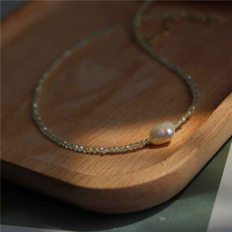 375-2mm Slim Imported Sparkling Diamond-Cut Crystal & Freshwater Pearl Necklace Vacations Gift For Her