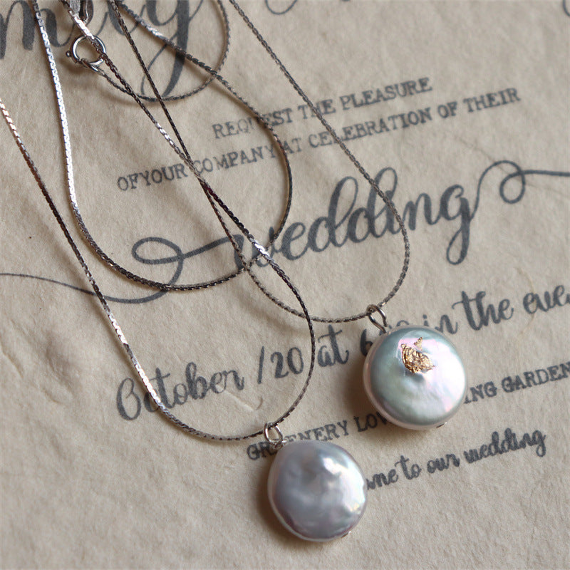 377-925 Sterling Silver Pearl Necklace with High-Shine Foil Button Minimalist Vintage Vacations Gift For Her