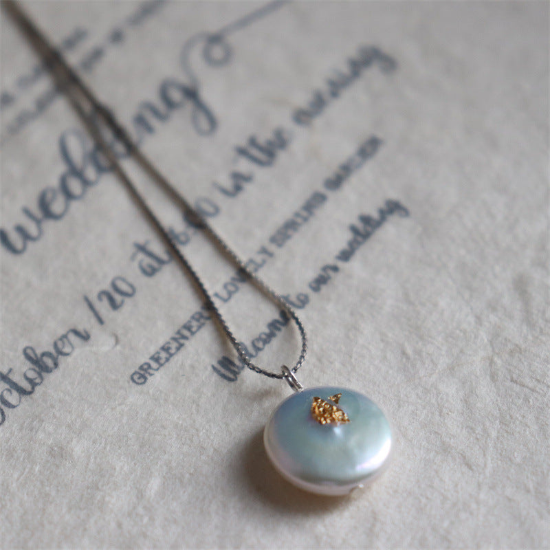 377-925 Sterling Silver Pearl Necklace with High-Shine Foil Button Minimalist Vintage Vacations Gift For Her
