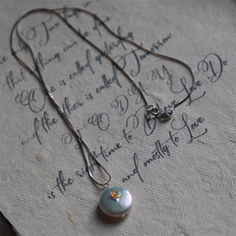 377-925 Sterling Silver Pearl Necklace with High-Shine Foil Button Minimalist Vintage Vacations Gift For Her