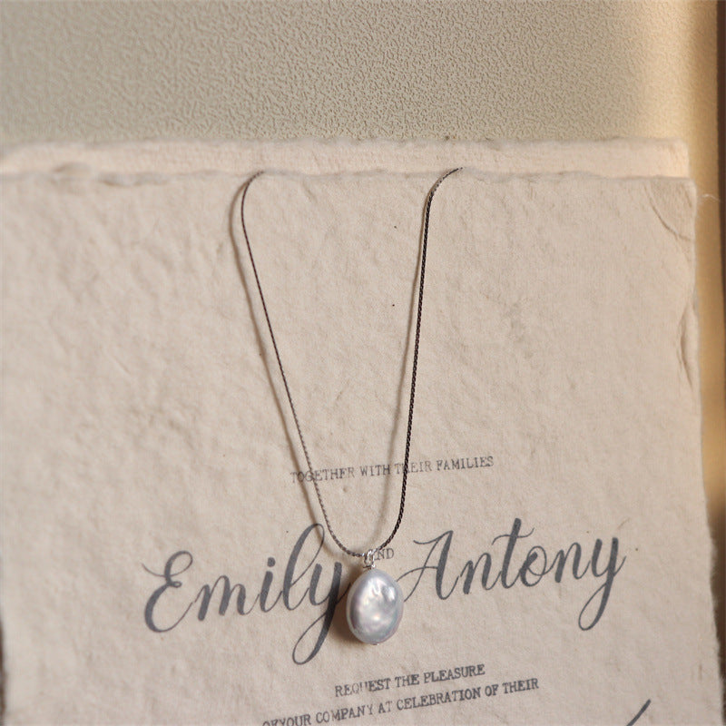 377-925 Sterling Silver Pearl Necklace with High-Shine Foil Button Minimalist Vintage Vacations Gift For Her
