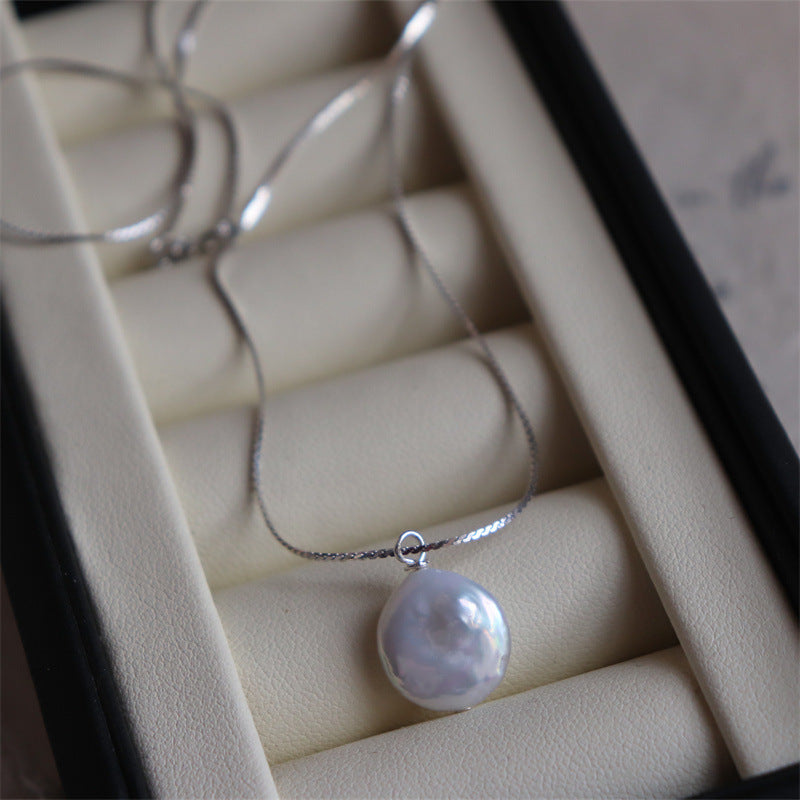 377-925 Sterling Silver Pearl Necklace with High-Shine Foil Button Minimalist Vintage Vacations Gift For Her