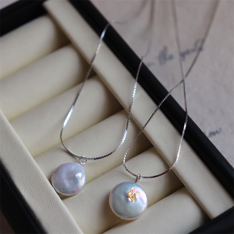 377-925 Sterling Silver Pearl Necklace with High-Shine Foil Button Minimalist Vintage Vacations Gift For Her