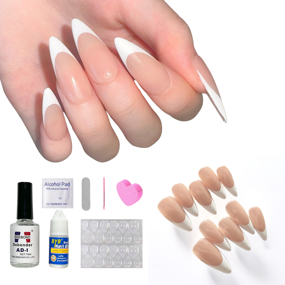 Nude Long Almond-Lulou Classic White French Tip Press On Nails Glueless Easy Apply Reusable 10PCS - Salon Quality Glueless Fake Nails for Women Trend 2025