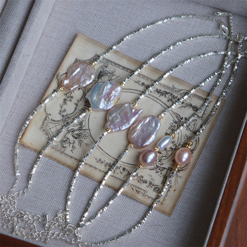 385-Natural High-Shine Baroque Freshwater Pearl Bracelet Minimalist 925 Silver-Plated Broken Silver