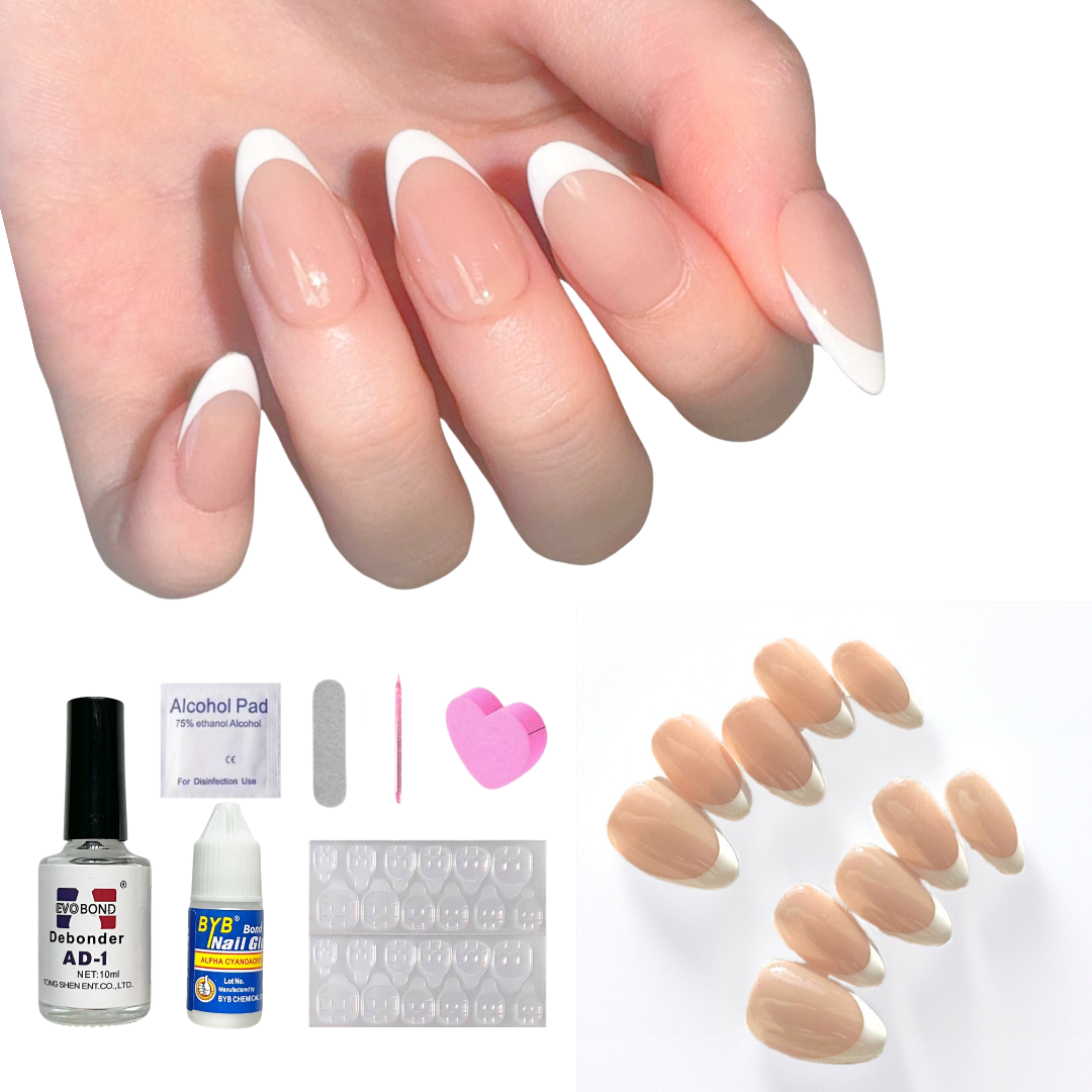 Nude Short Almond-Lulou Classic White French Tip Press On Nails Glueless Easy Apply Reusable 10PCS - Salon Quality Glueless Fake Nails for Women Trend 2025
