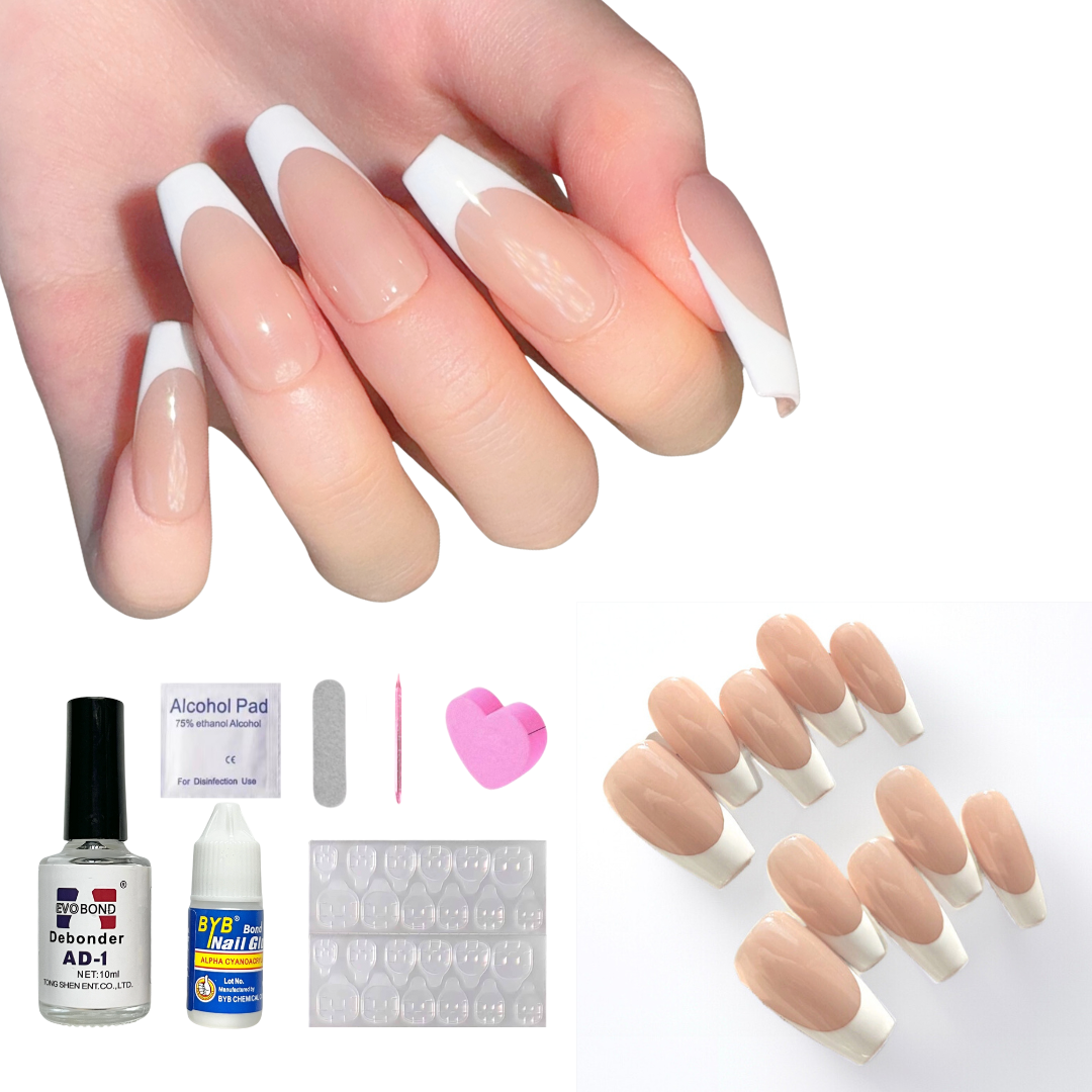 Nude Long Square-Lulou Classic White French Tip Press On Nails Glueless Easy Apply Reusable 10PCS - Salon Quality Glueless Fake Nails for Women Trend 2025