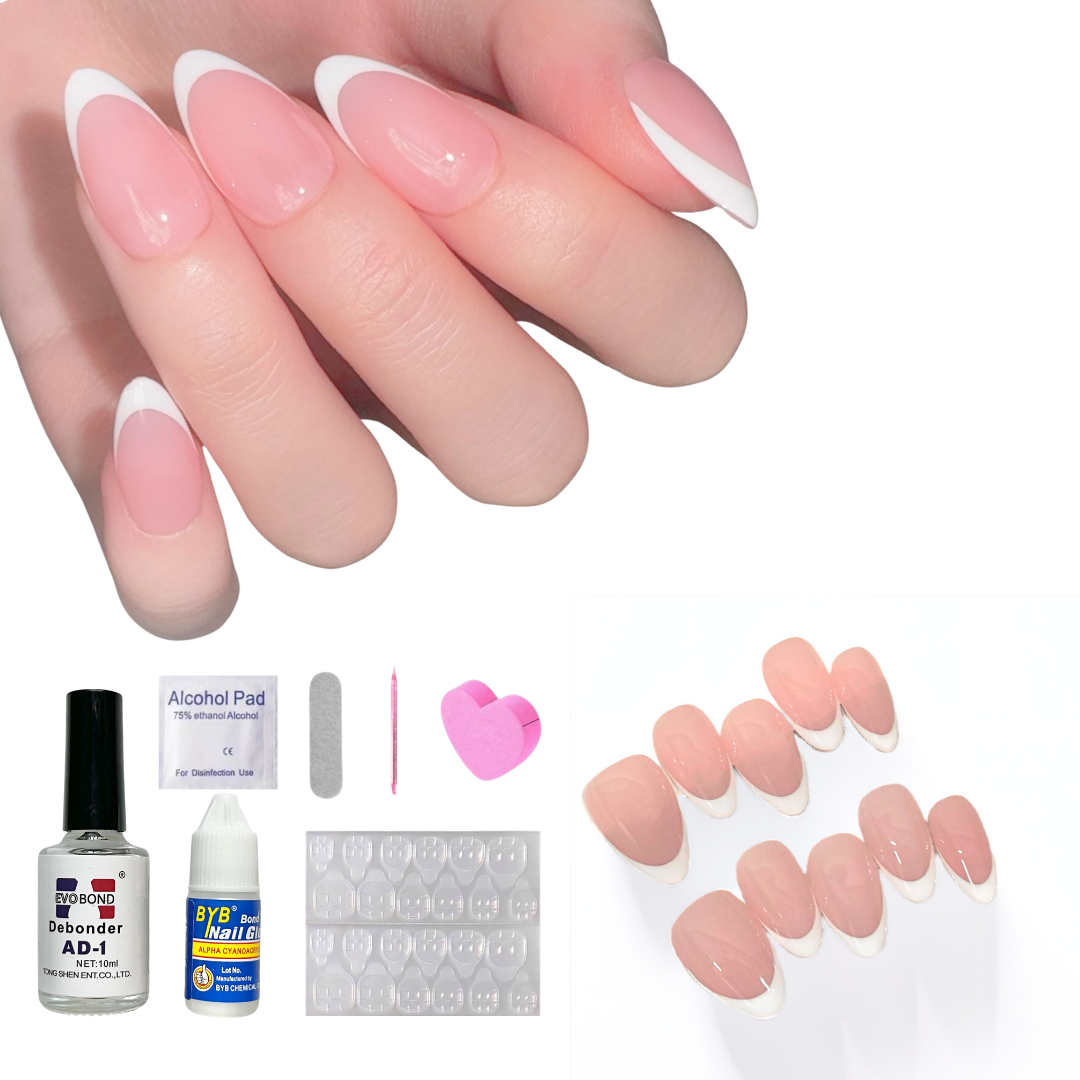 Pink Short Almond-Lulou Classic White French Tip Press On Nails Glueless Easy Apply Reusable 10PCS - Salon Quality Glueless Fake Nails for Women Trend 2025