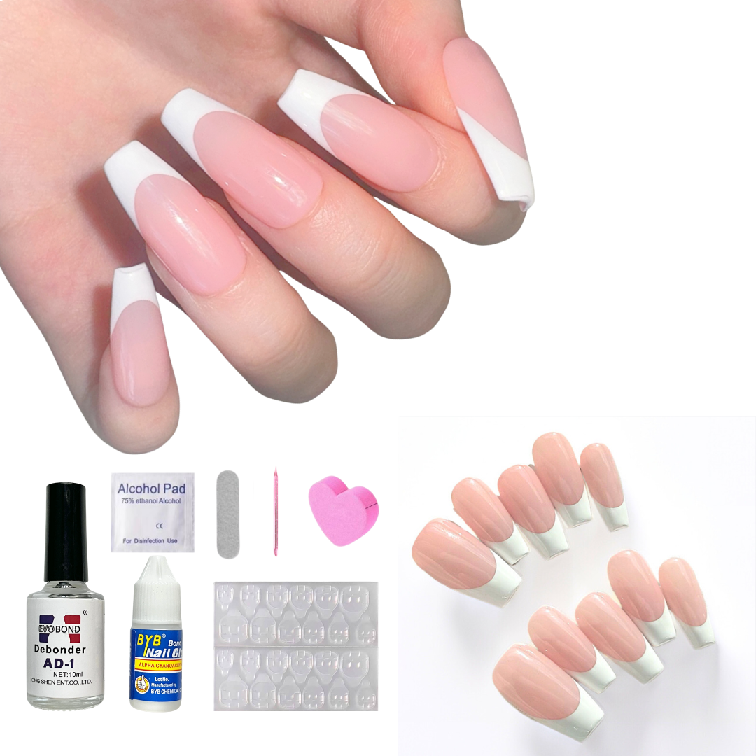 The Classic White French Tip Press On Nails Collection | Glossy Finish | Nude & Pink Shade Summer Vacation