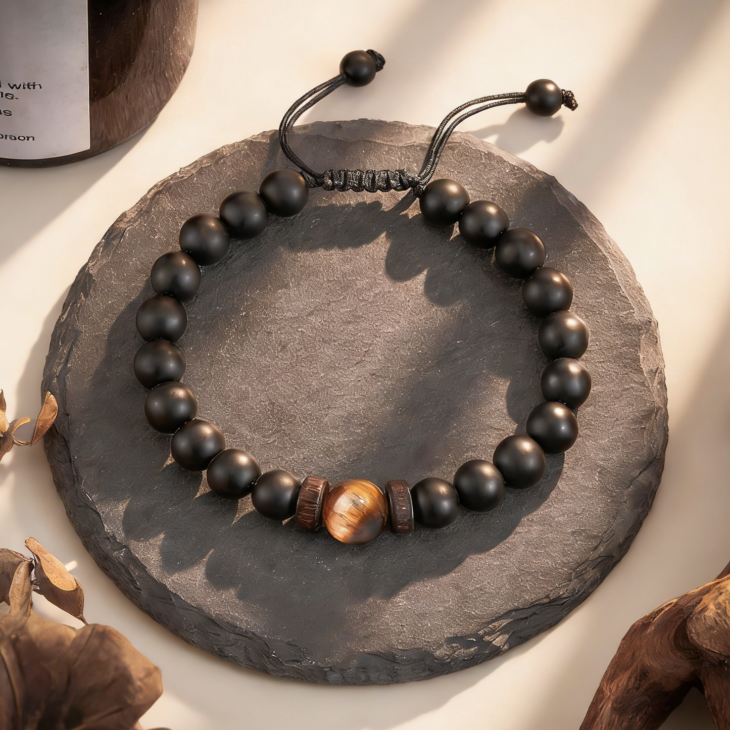 ルロウ タイムレス モダン ナチュラル オニキス & タイガーアイストーン ウッドアクセントビーズ 調節可能 編み込み カップルギフト ブレスレット