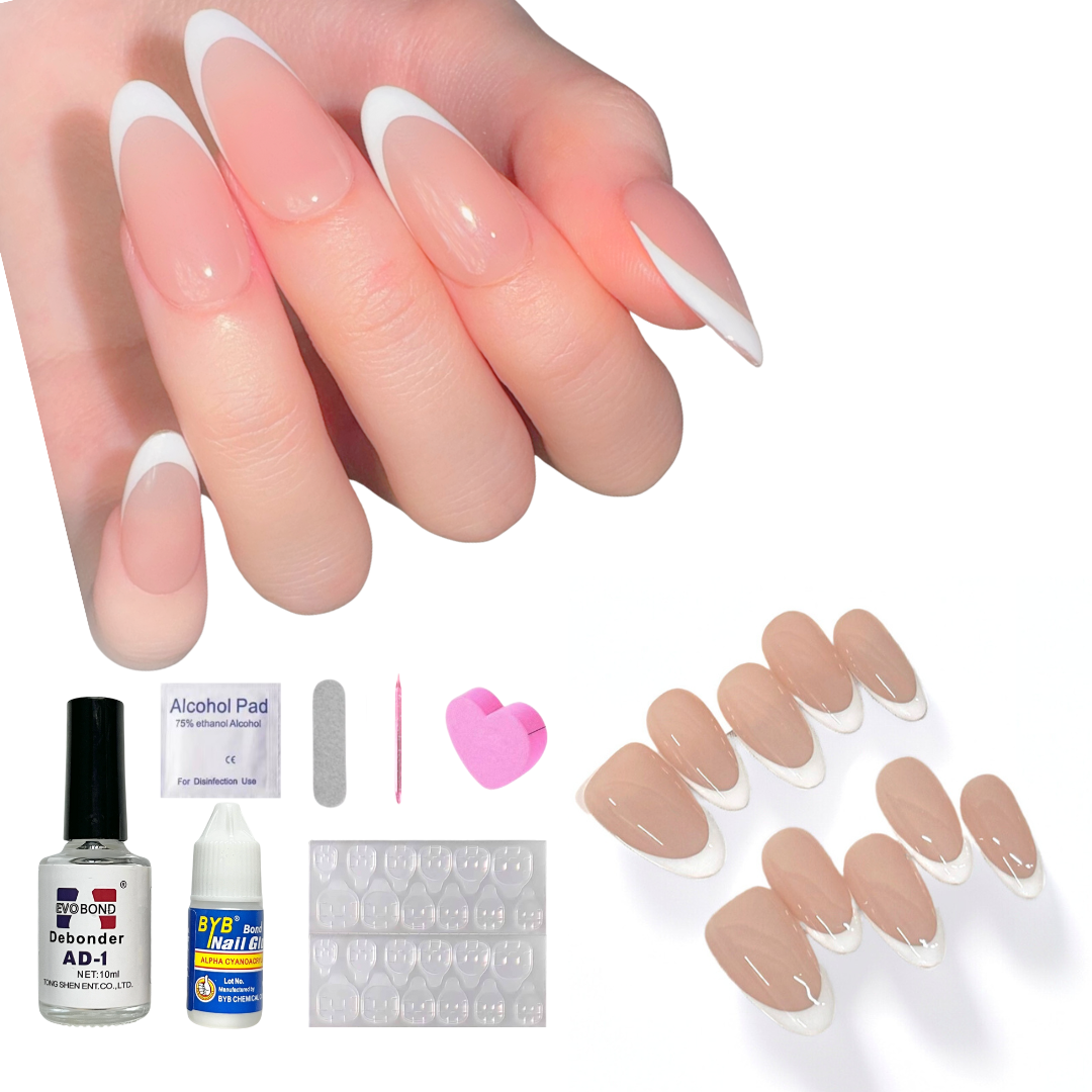 Nude Medium Almond-Lulou Classic White French Tip Press On Nails Glueless Easy Apply Reusable 10PCS - Salon Quality Glueless Fake Nails for Women Trend 2025