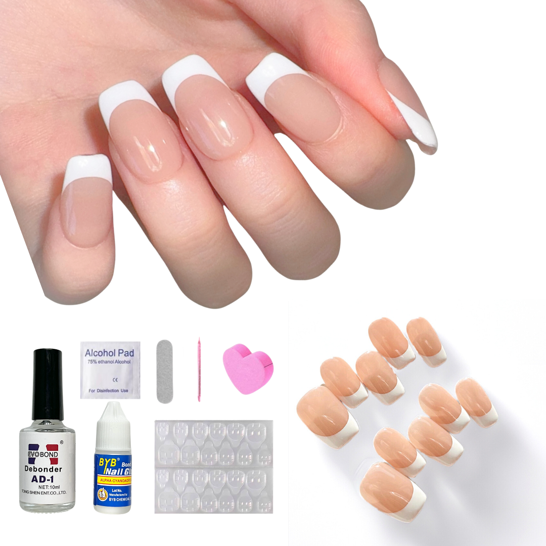 Nude Medium Square-Lulou Classic White French Tip Press On Nails Glueless Easy Apply Reusable 10PCS - Salon Quality Glueless Fake Nails for Women Trend 2025