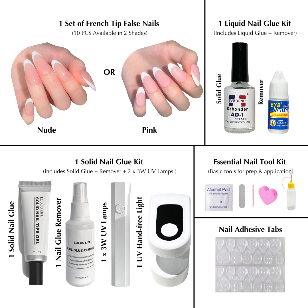 Lulou 7-in-1 French Tip Nail Starter Kit with 3W UV Lamp - Choose from 6 Nude & Pink Styles Includes Solid Gel Glue & Remover Complete DIY Nail Art Tools for Beginners Perfect Girls Gift Set