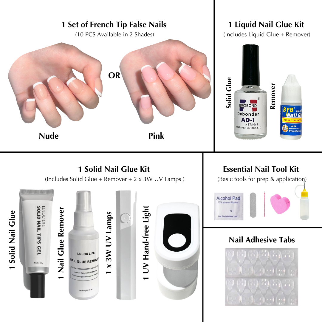 Lulou 7-in-1 French Tip Nail Starter Kit with 3W UV Lamp - Choose from 6 Nude & Pink Styles Includes Solid Gel Glue & Remover Complete DIY Nail Art Tools for Beginners Perfect Girls Gift Set