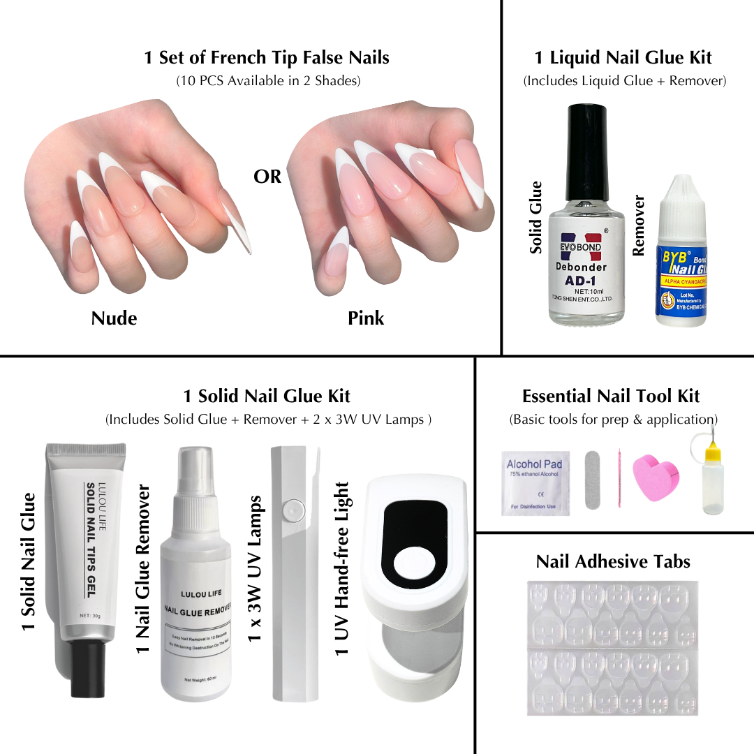Lulou 7-in-1 French Tip Nail Starter Kit with 3W UV Lamp - Choose from 6 Nude & Pink Styles Includes Solid Gel Glue & Remover Complete DIY Nail Art Tools for Beginners Perfect Girls Gift Set