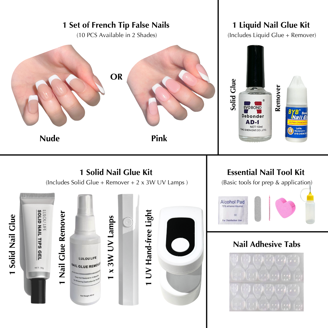 Lulou 7-in-1 French Tip Nail Starter Kit with 3W UV Lamp - Choose from 6 Nude & Pink Styles Includes Solid Gel Glue & Remover Complete DIY Nail Art Tools for Beginners Perfect Girls Gift Set