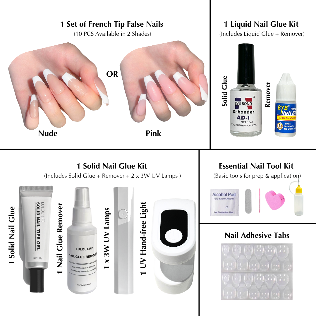 Lulou 7-in-1 French Tip Nail Starter Kit with 3W UV Lamp - Choose from 6 Nude & Pink Styles Includes Solid Gel Glue & Remover Complete DIY Nail Art Tools for Beginners Perfect Girls Gift Set