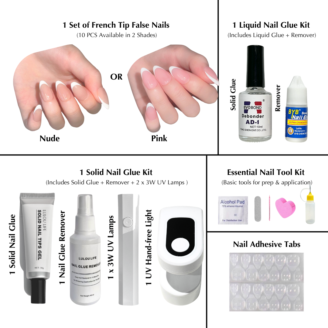 Lulou 7-in-1 French Tip Nail Starter Kit with 3W UV Lamp - Choose from 6 Nude & Pink Styles Includes Solid Gel Glue & Remover Complete DIY Nail Art Tools for Beginners Perfect Girls Gift Set