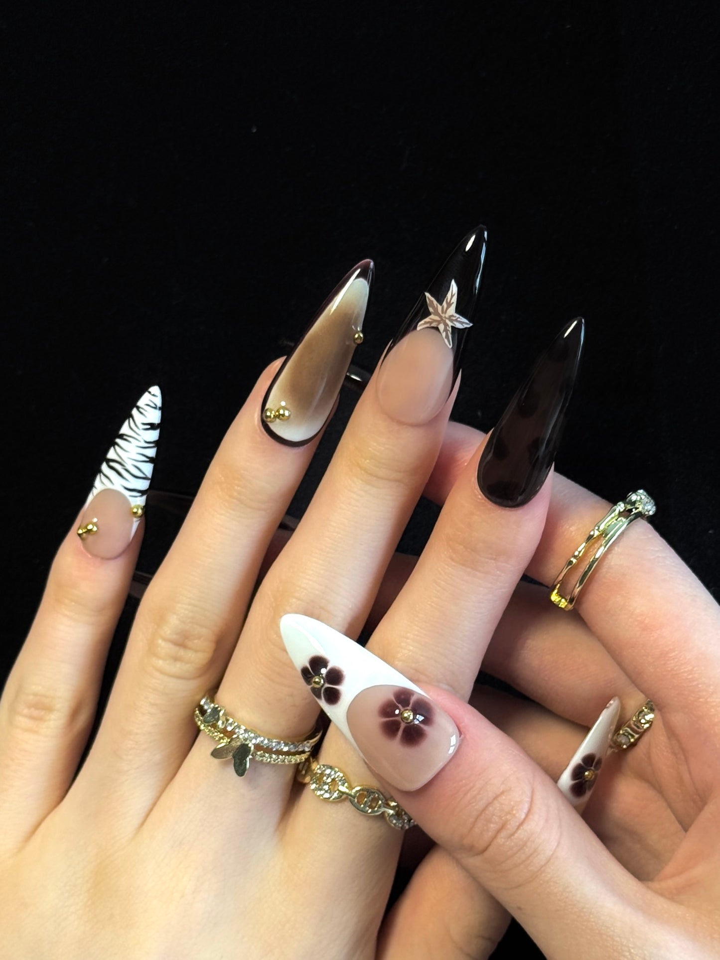 Lulou Amber Glow Fall Long Almond Stiletto Press on Nails Creamy White Brown 10PCS REUSABLE Handmade Acrylic Fake Nails Warm Shine Trend 2025