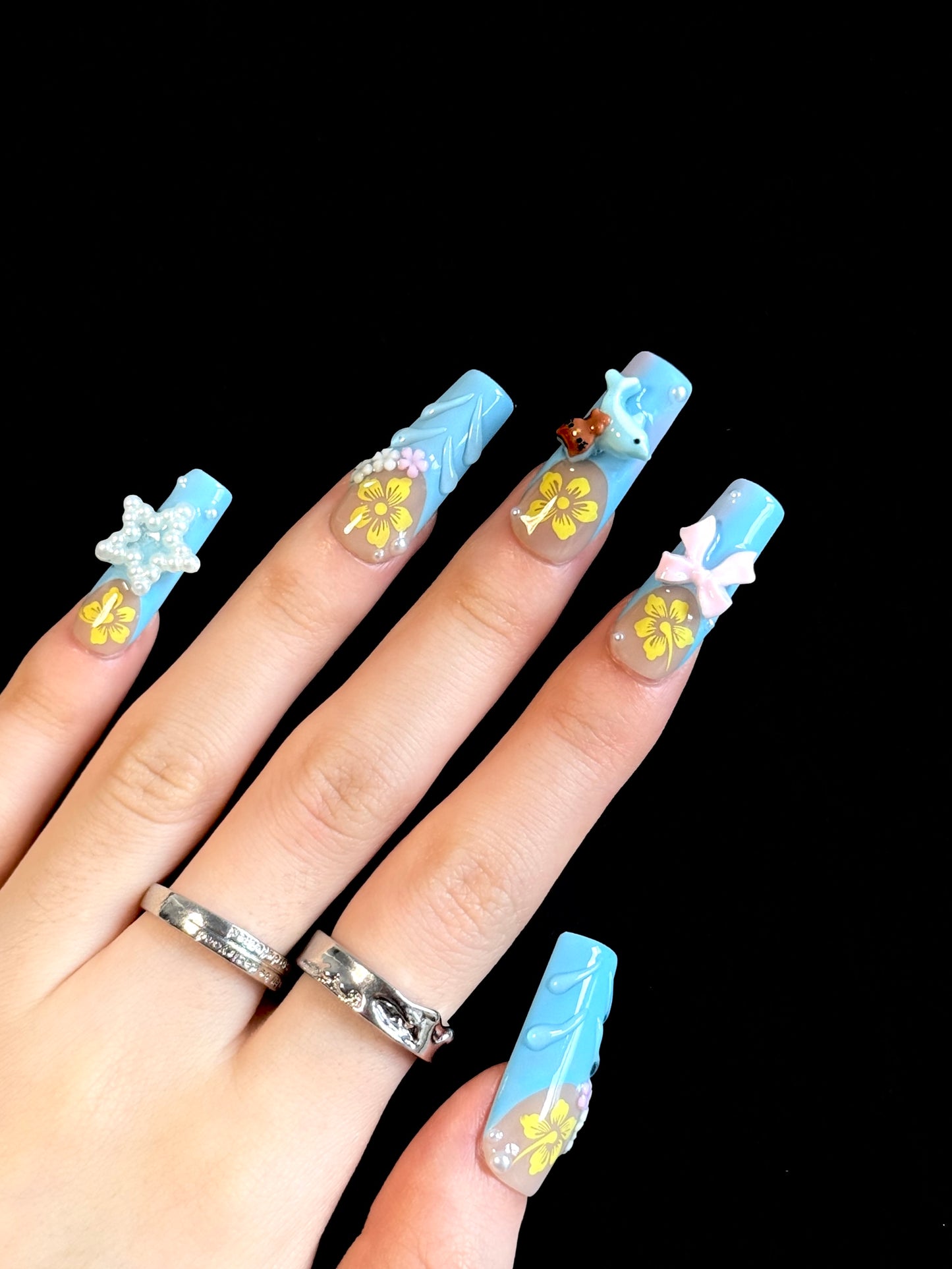 Lulou Blue Bloom Vacation Long Square Nails Azure Pink Handmade Acrylic 10PCS Trend 2025