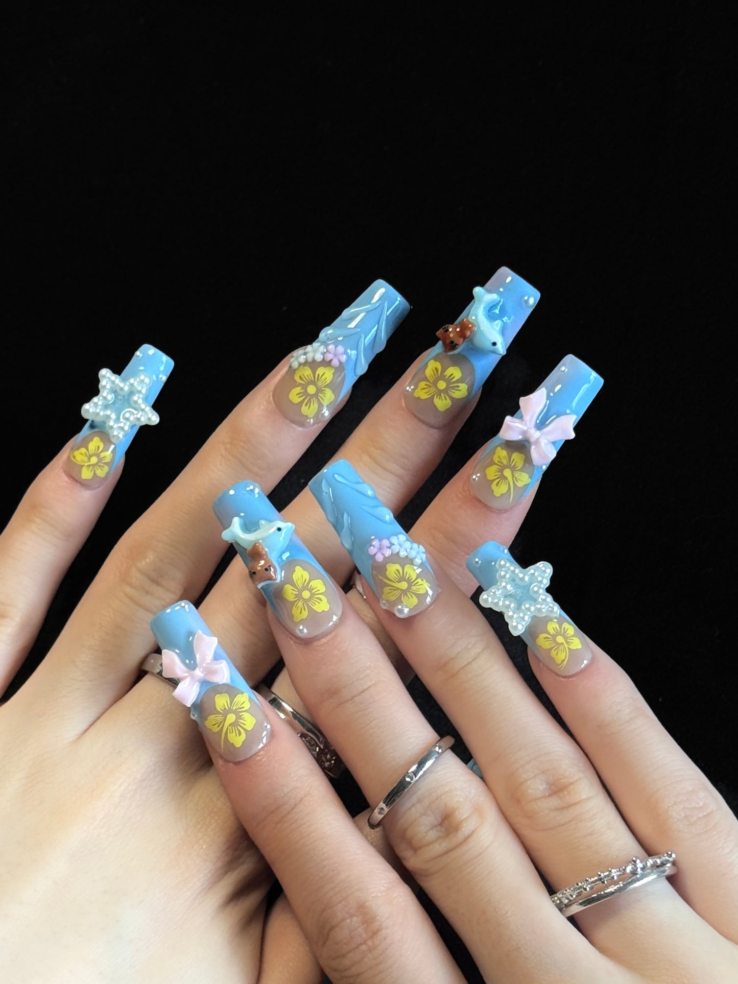 Lulou Blue Bloom Vacation Long Square Nails Azure Pink Handmade Acrylic 10PCS Trend 2025