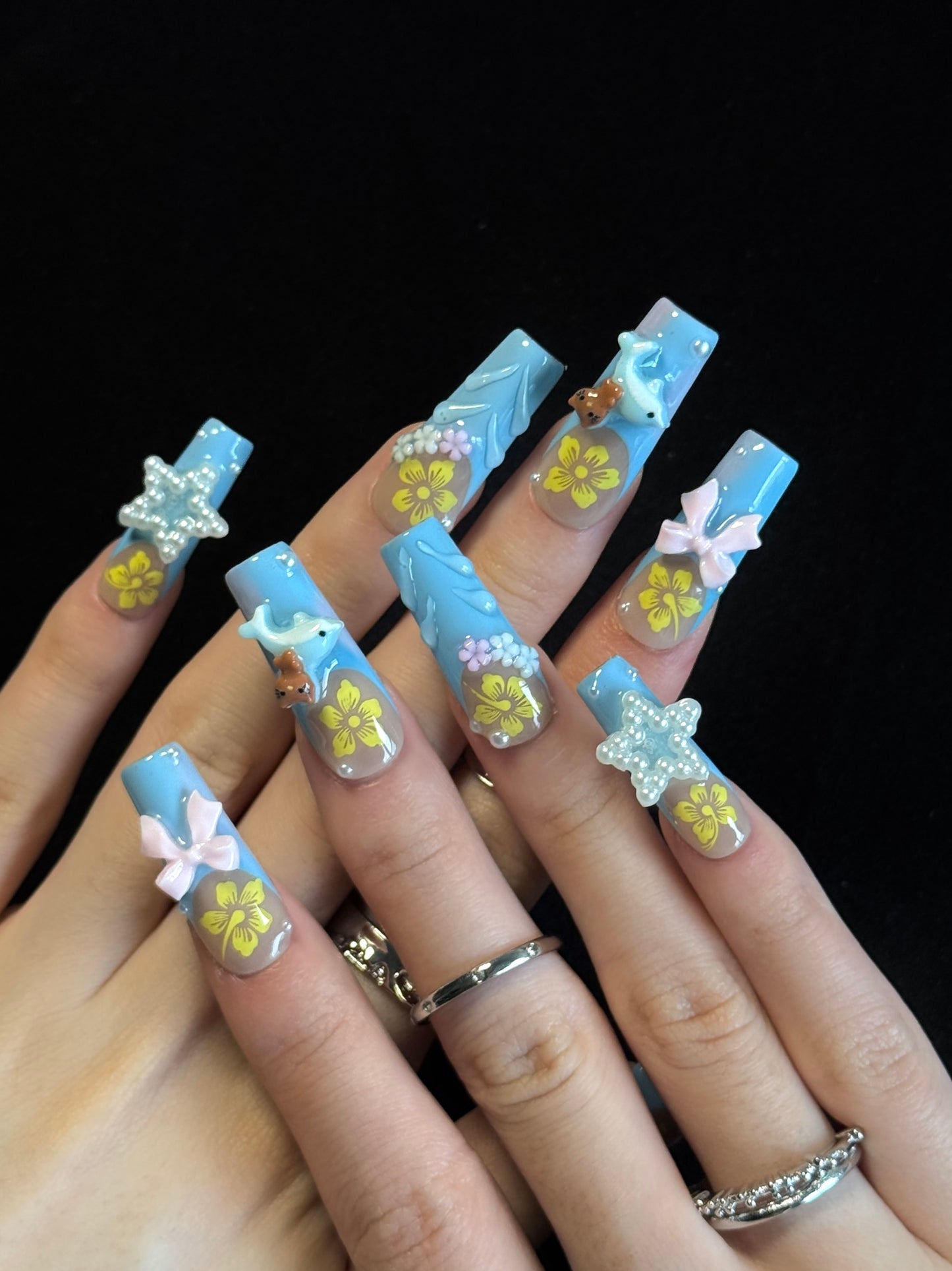 Lulou Blue Bloom Vacation Long Square Nails Azure Pink Handmade Acrylic 10PCS Trend 2025