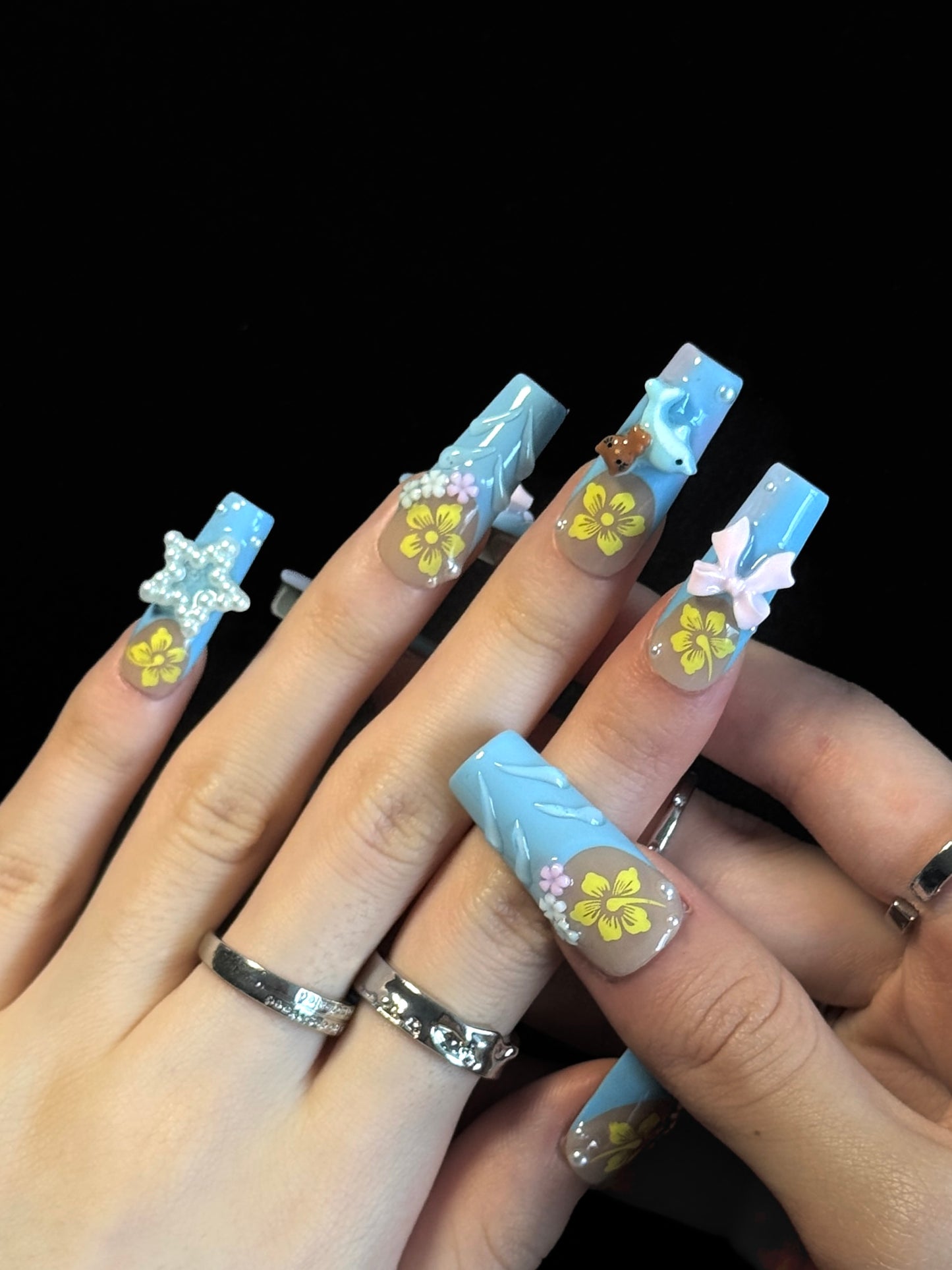 Lulou Blue Bloom Vacation Long Square Nails Azure Pink Handmade Acrylic 10PCS Trend 2025