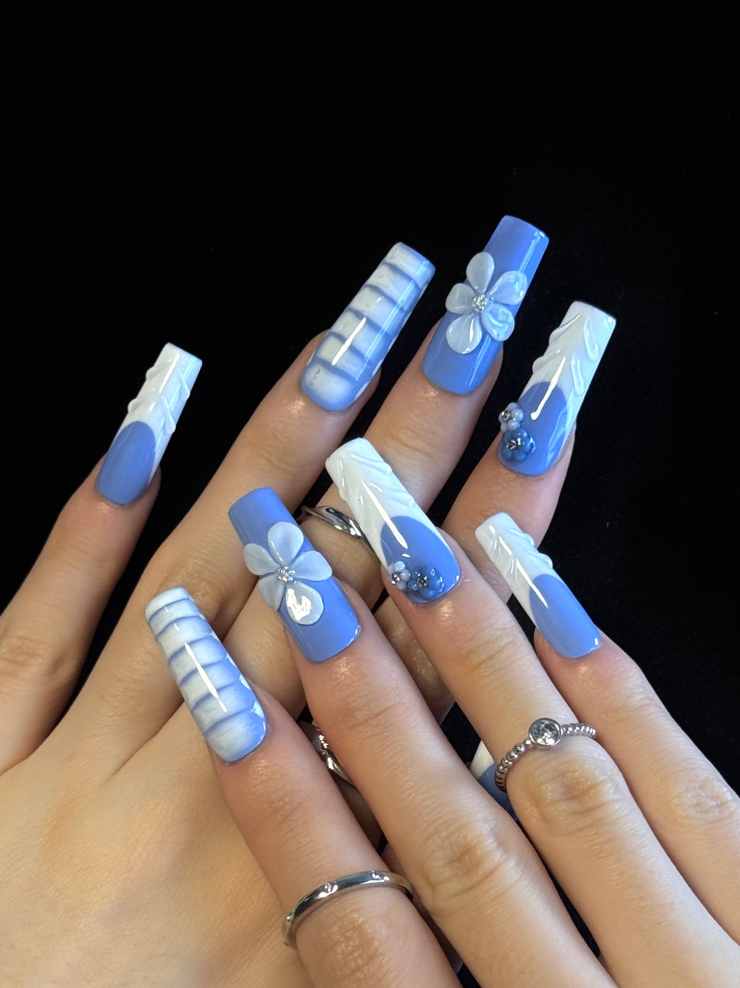 Lulou Cloudy Sky Vacation Long Square Nails Powder Blue White Handmade Acrylic 10PCS Trend 2025