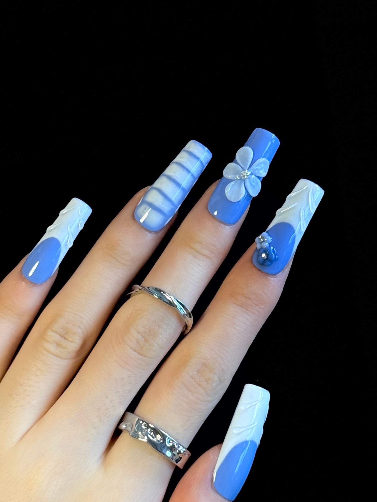 Lulou Cloudy Sky Vacation Long Square Nails Powder Blue White Handmade Acrylic 10PCS Trend 2025