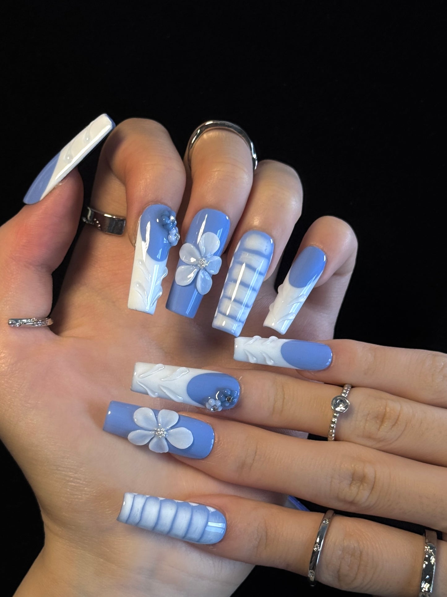 Lulou Cloudy Sky Vacation Long Square Nails Powder Blue White Handmade Acrylic 10PCS Trend 2025