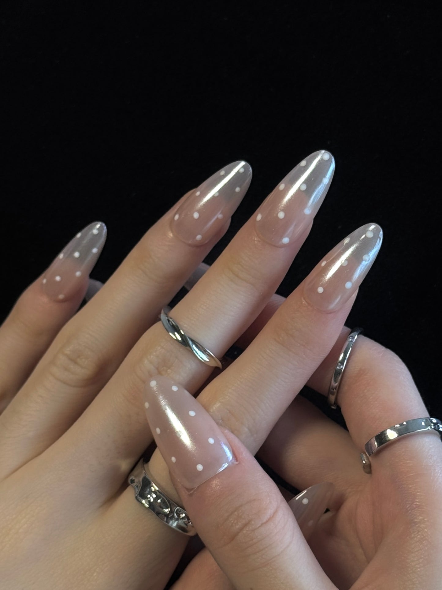 Lulou Pearl Polka Almond Press on Nails Nude 10PCS REUSABLE Handmade Acrylic Fake Nails with Glitter Dots Trend 2025