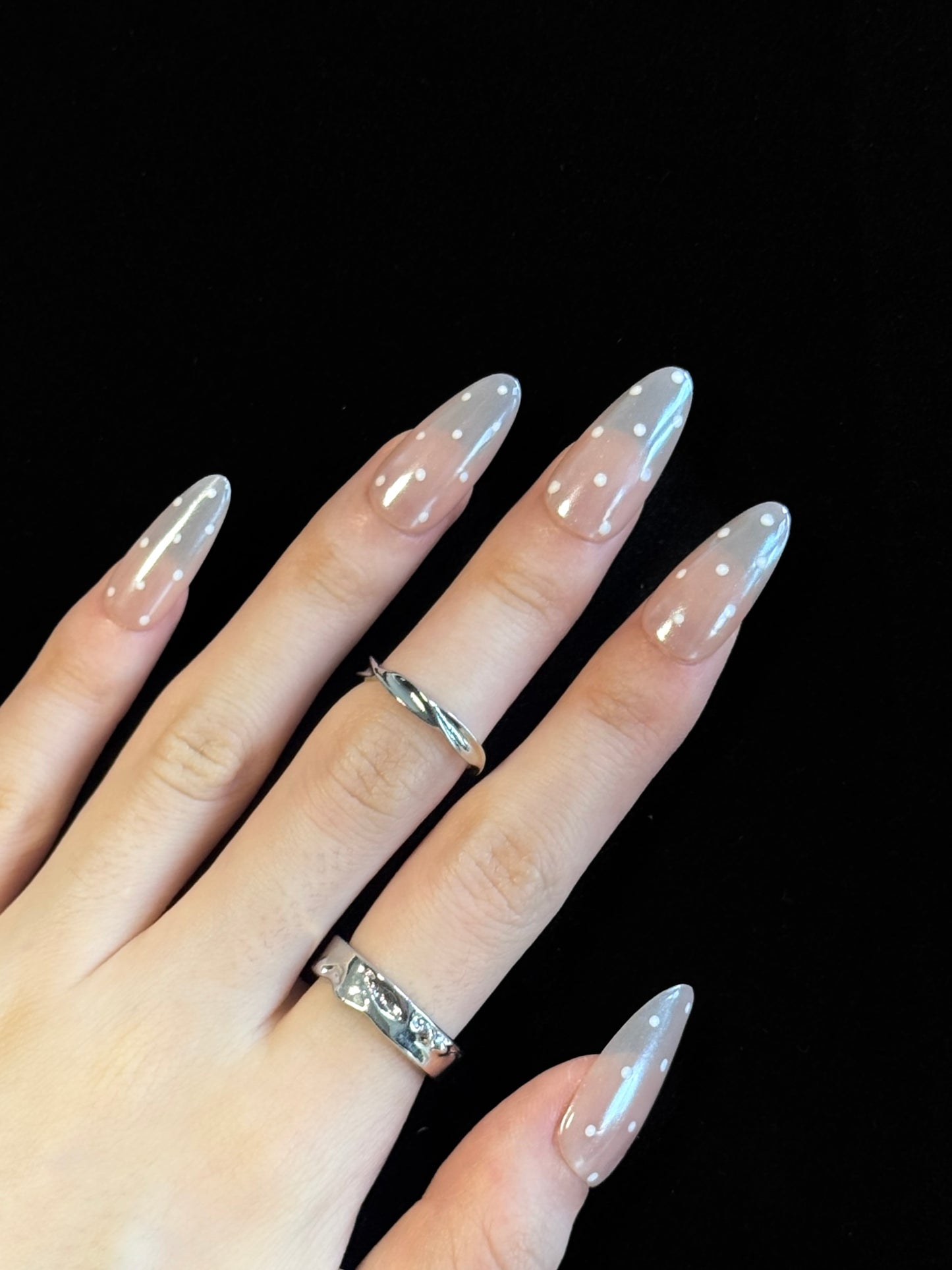 Lulou Pearl Polka Almond Press on Nails Nude 10PCS REUSABLE Handmade Acrylic Fake Nails with Glitter Dots Trend 2025