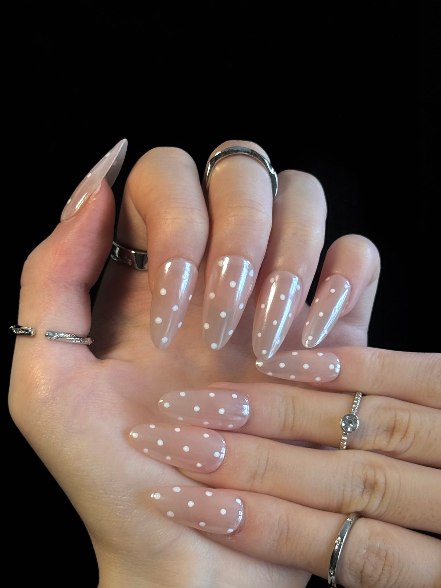Lulou Pearl Polka Almond Press on Nails Nude 10PCS REUSABLE Handmade Acrylic Fake Nails with Glitter Dots Trend 2025