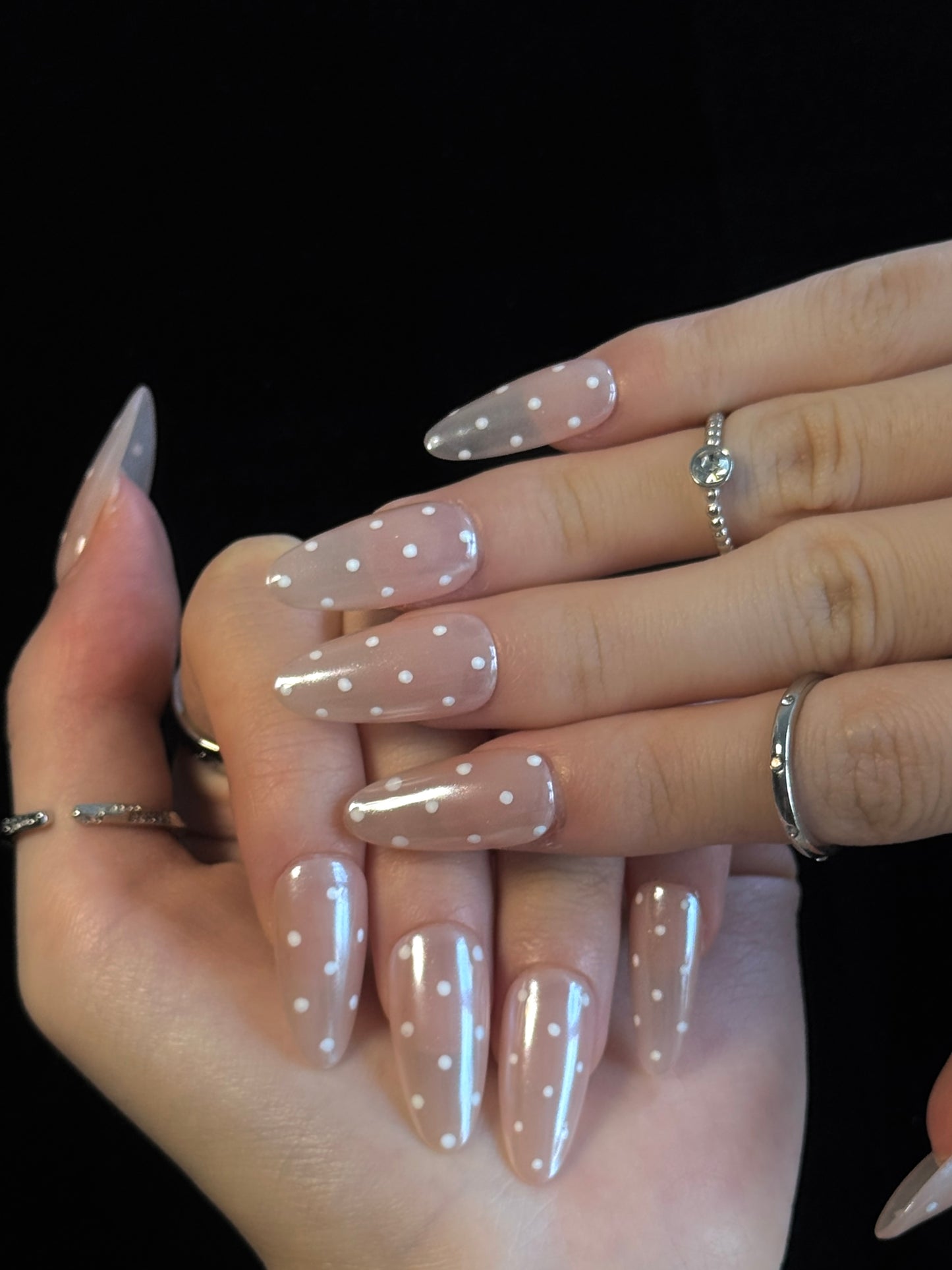 Lulou Pearl Polka Almond Press on Nails Nude 10PCS REUSABLE Handmade Acrylic Fake Nails with Glitter Dots Trend 2025