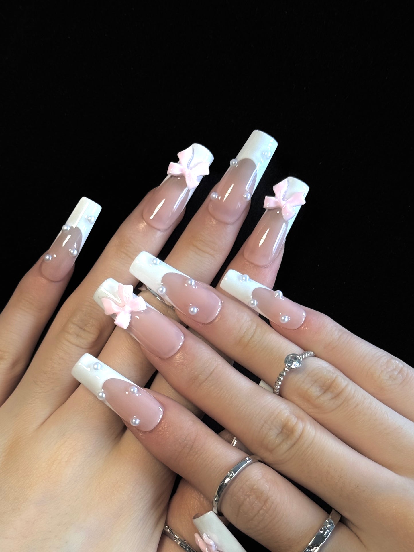 Lulou Sweet Bow French Elegant long square False Nails Pink & White 10PCS REUSABLE Handmade Acrylic Press On Nails Cute Design Trend 2025